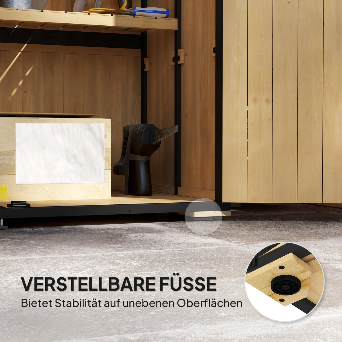 Gartenschrank aus Holz mit Stahlrahmen und Regalen