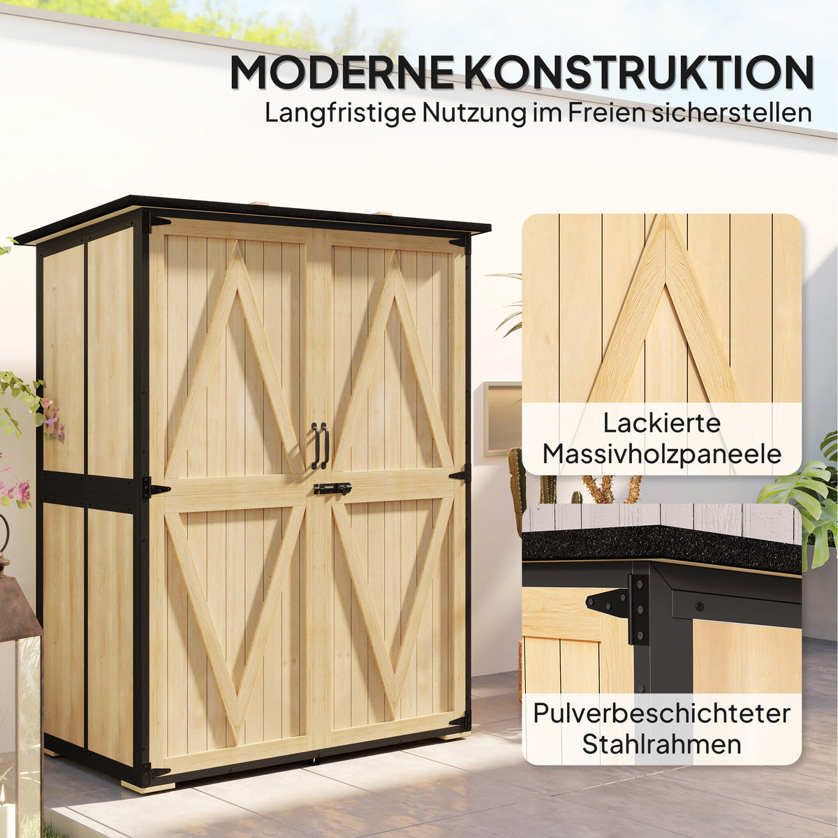 Gartenschrank aus Holz mit Stahlrahmen und Regalen
