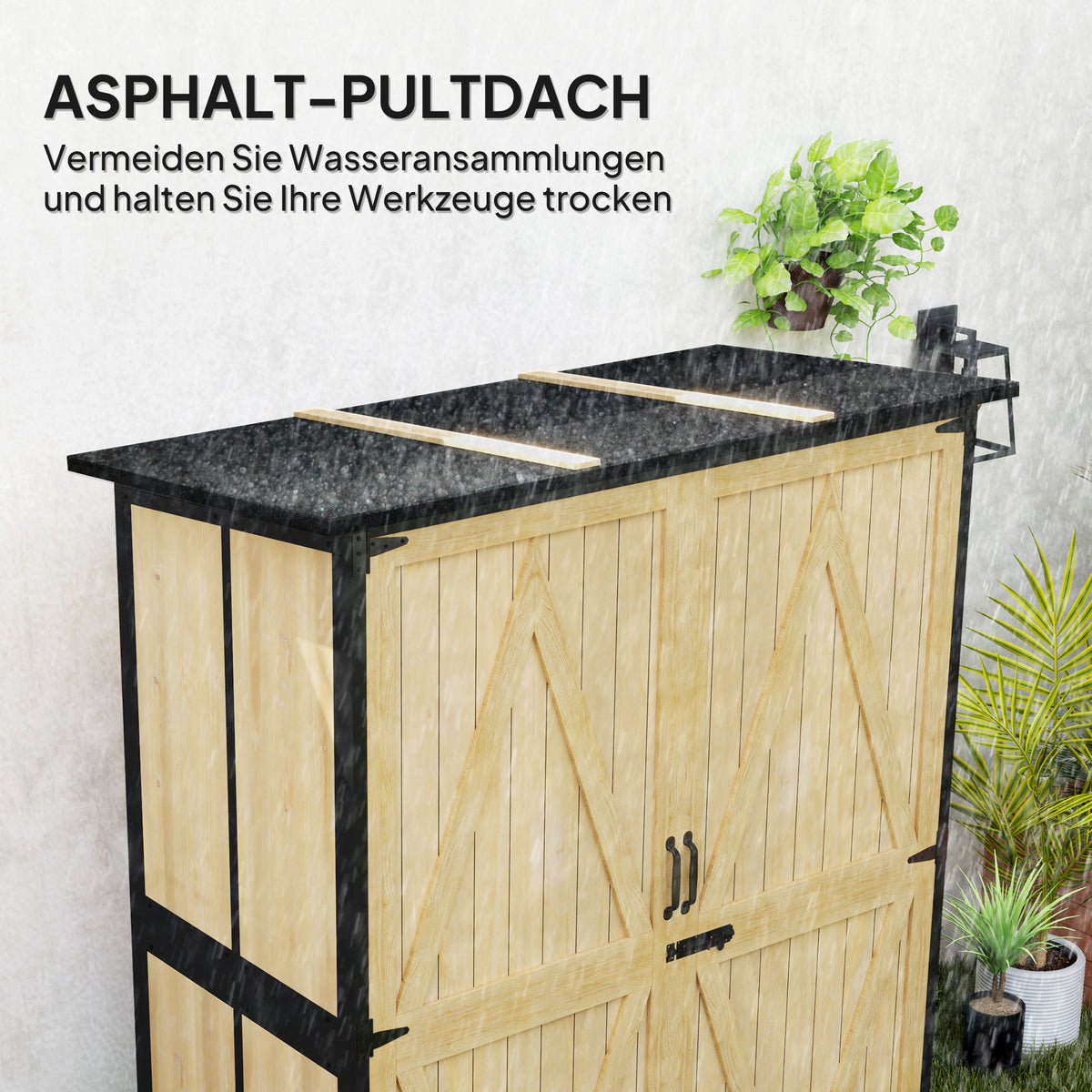 Gartenschrank aus Holz mit Stahlrahmen und Regalen