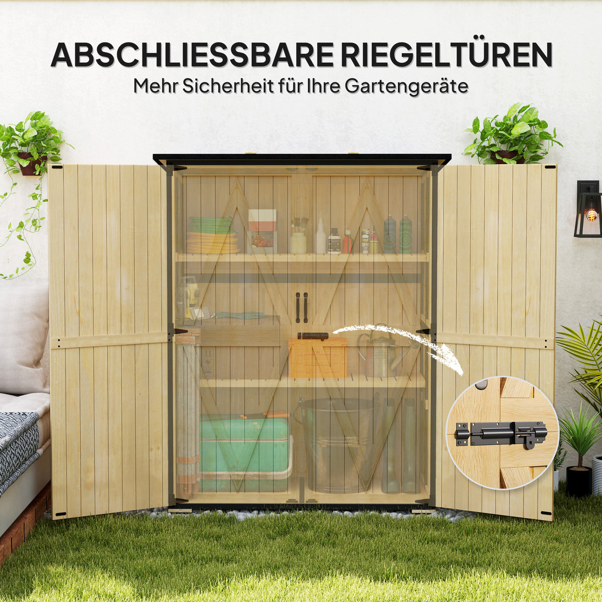 Gartenschrank aus Holz mit Stahlrahmen und Regalen