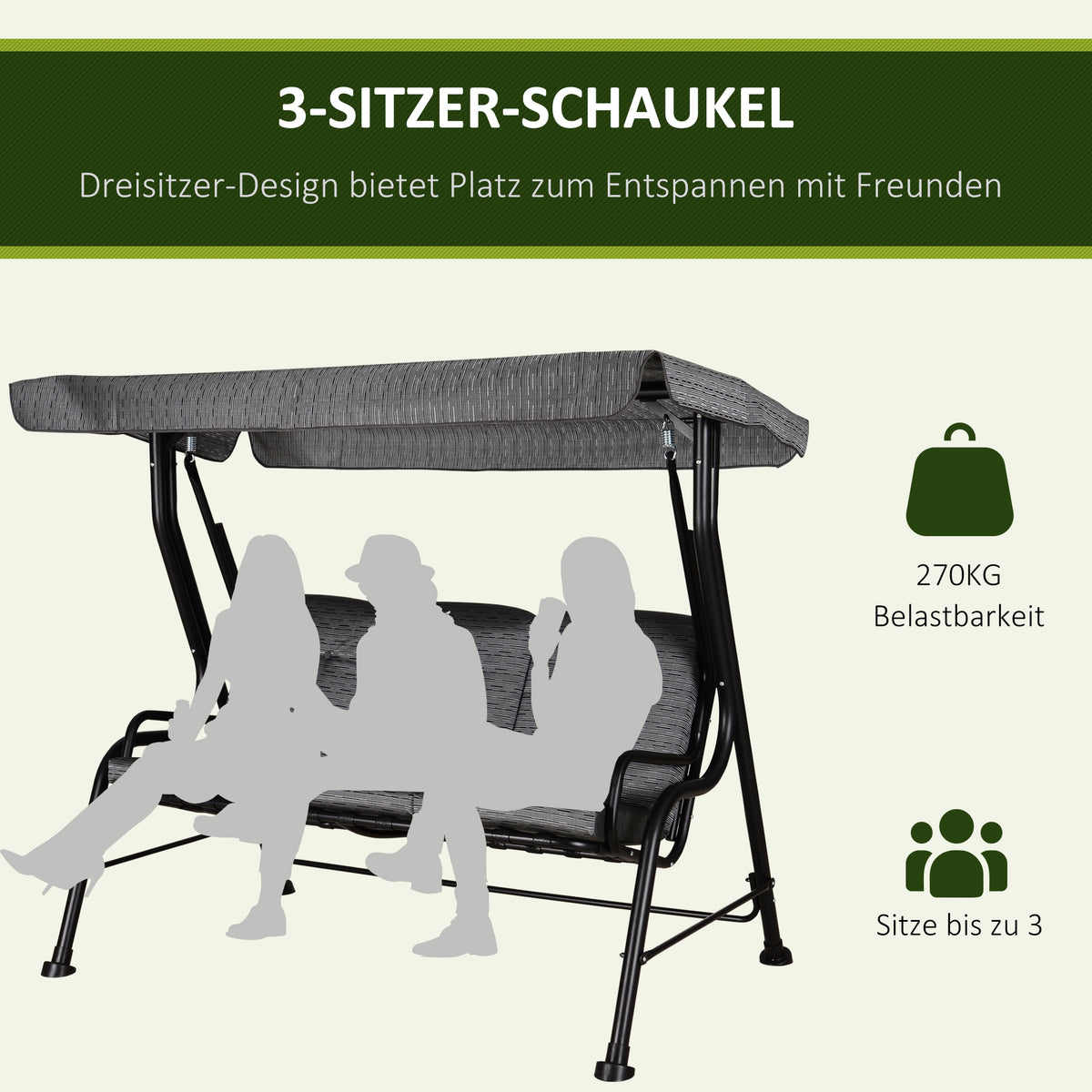 3-Sitzer Hollywoodschaukel mit verstellbarem Sonnendach