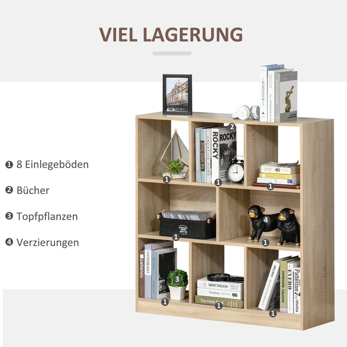 Bücherregal mit acht Fächern und drei Ablagen