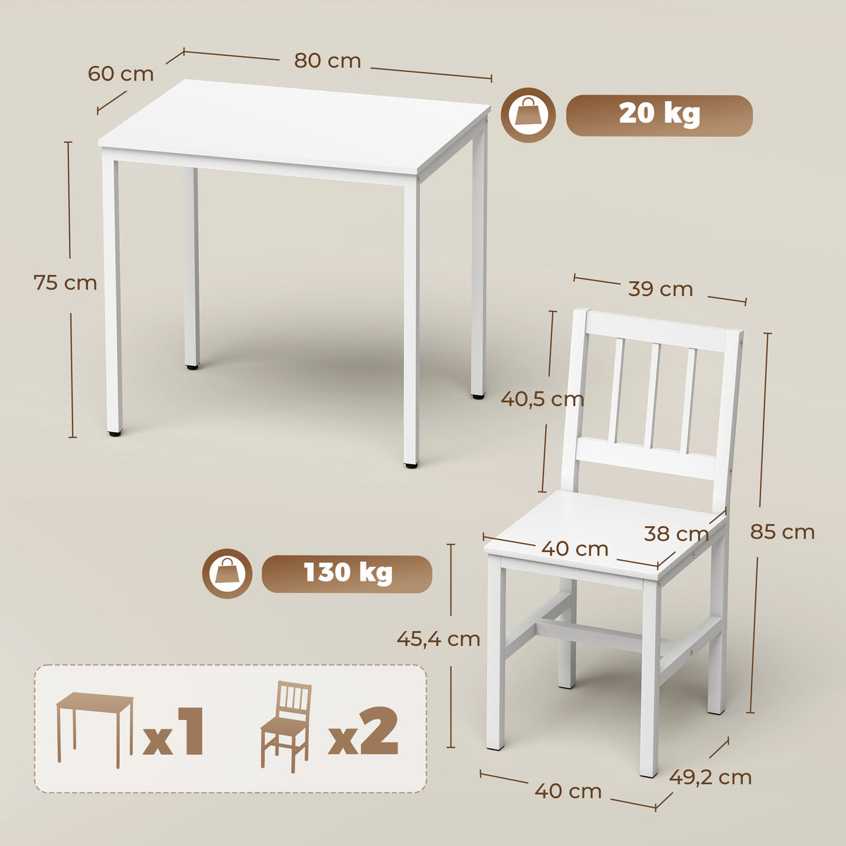 3-teiliges Essgruppen-Set mit Tisch und 2 Stühlen