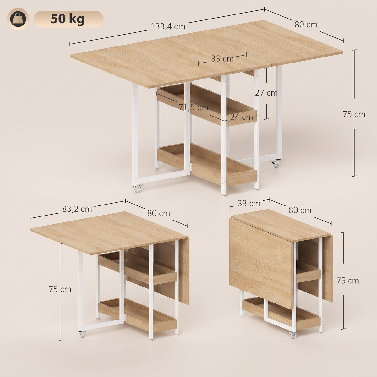 Klappbarer Esstisch mit ausziehbaren Tischplatten