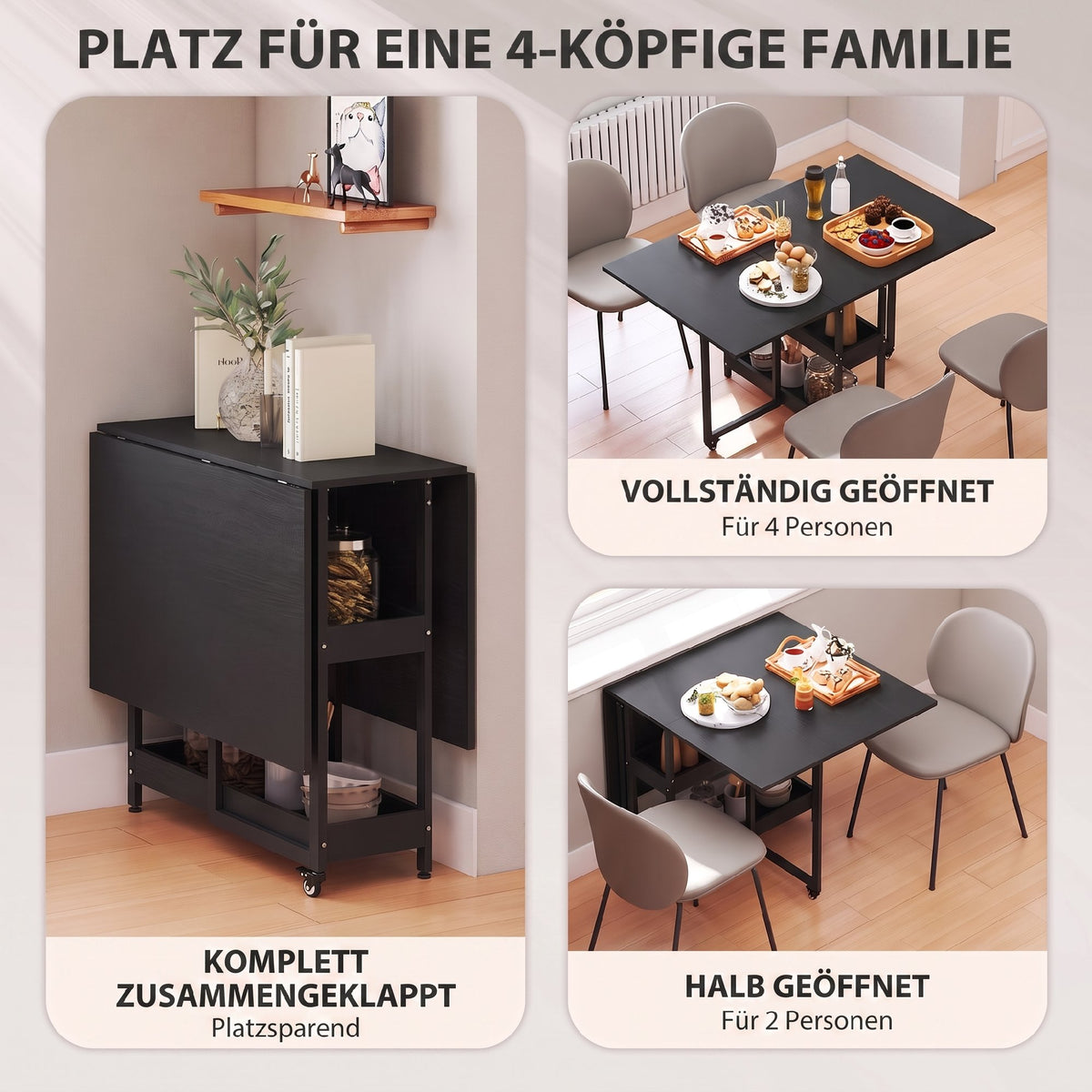 Klappbarer Esstisch mit ausziehbaren Tischplatten