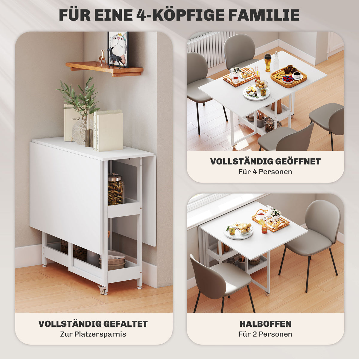 Klappbarer Esstisch mit ausziehbaren Tischplatten