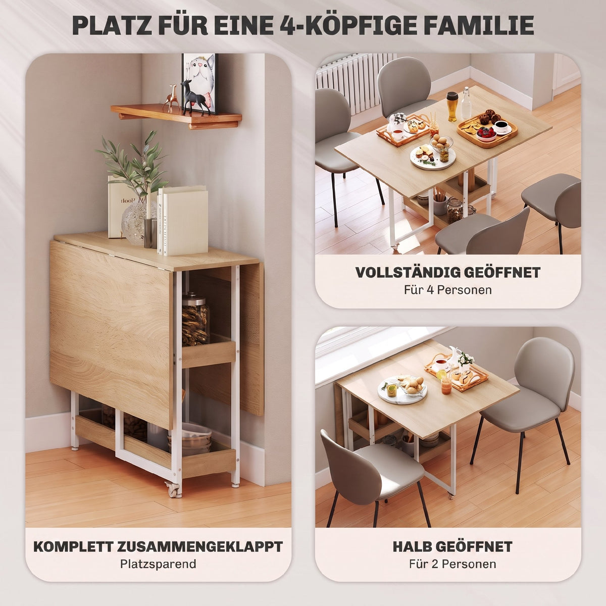 Klappbarer Esstisch mit ausziehbaren Tischplatten