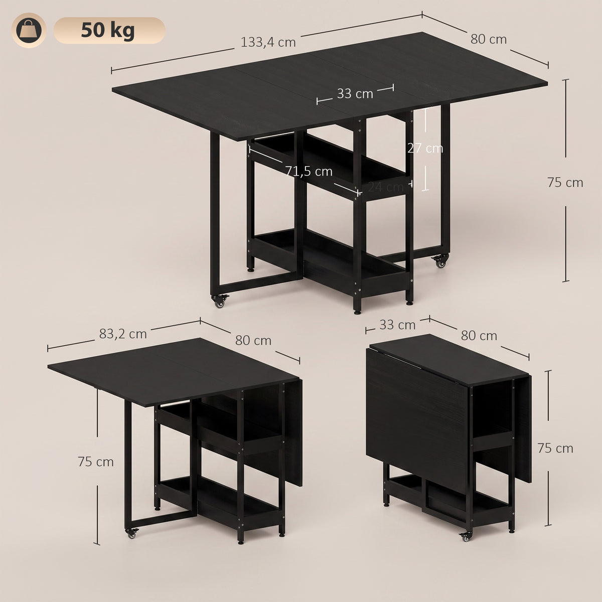 Klappbarer Esstisch mit ausziehbaren Tischplatten