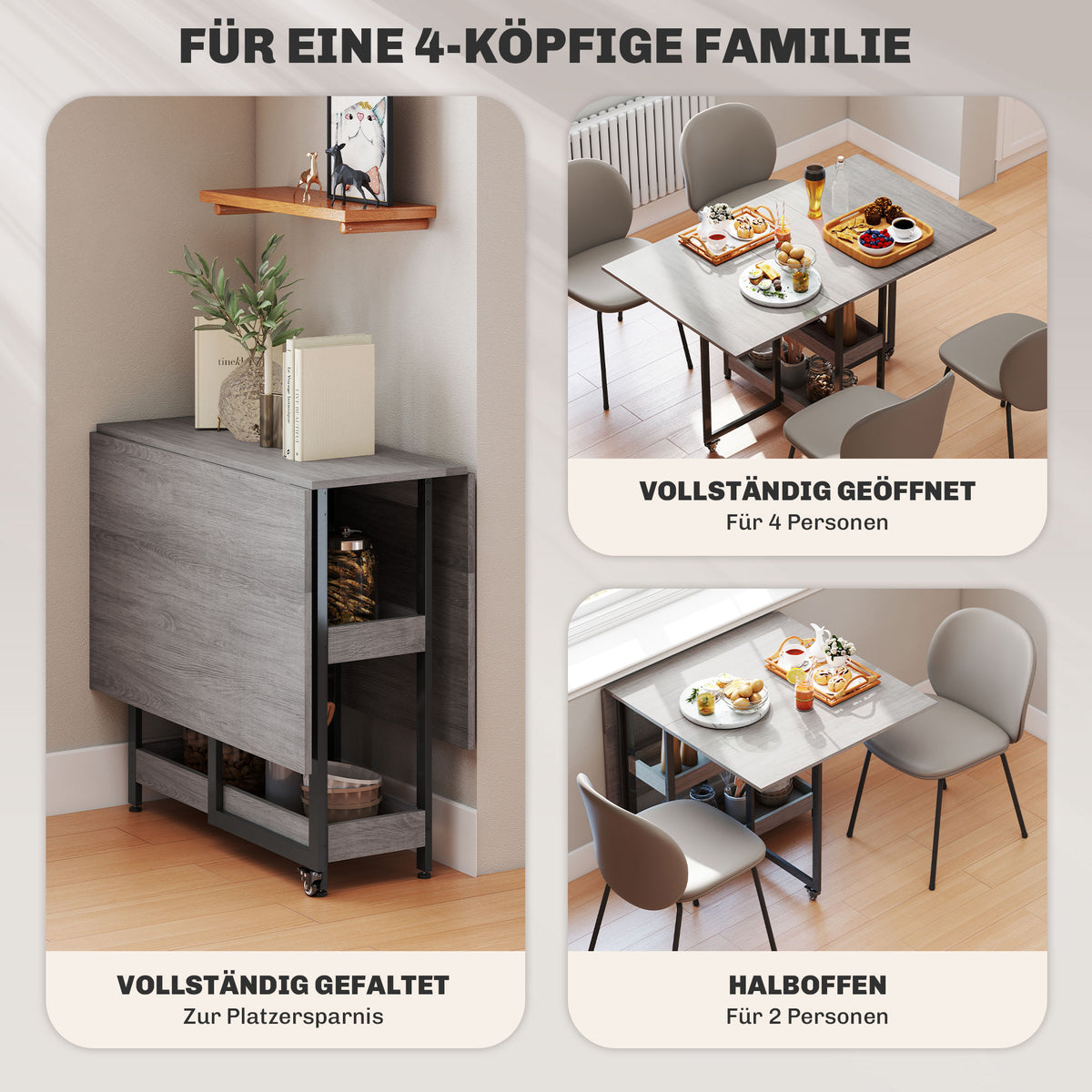 Klappbarer Esstisch mit ausziehbaren Tischplatten