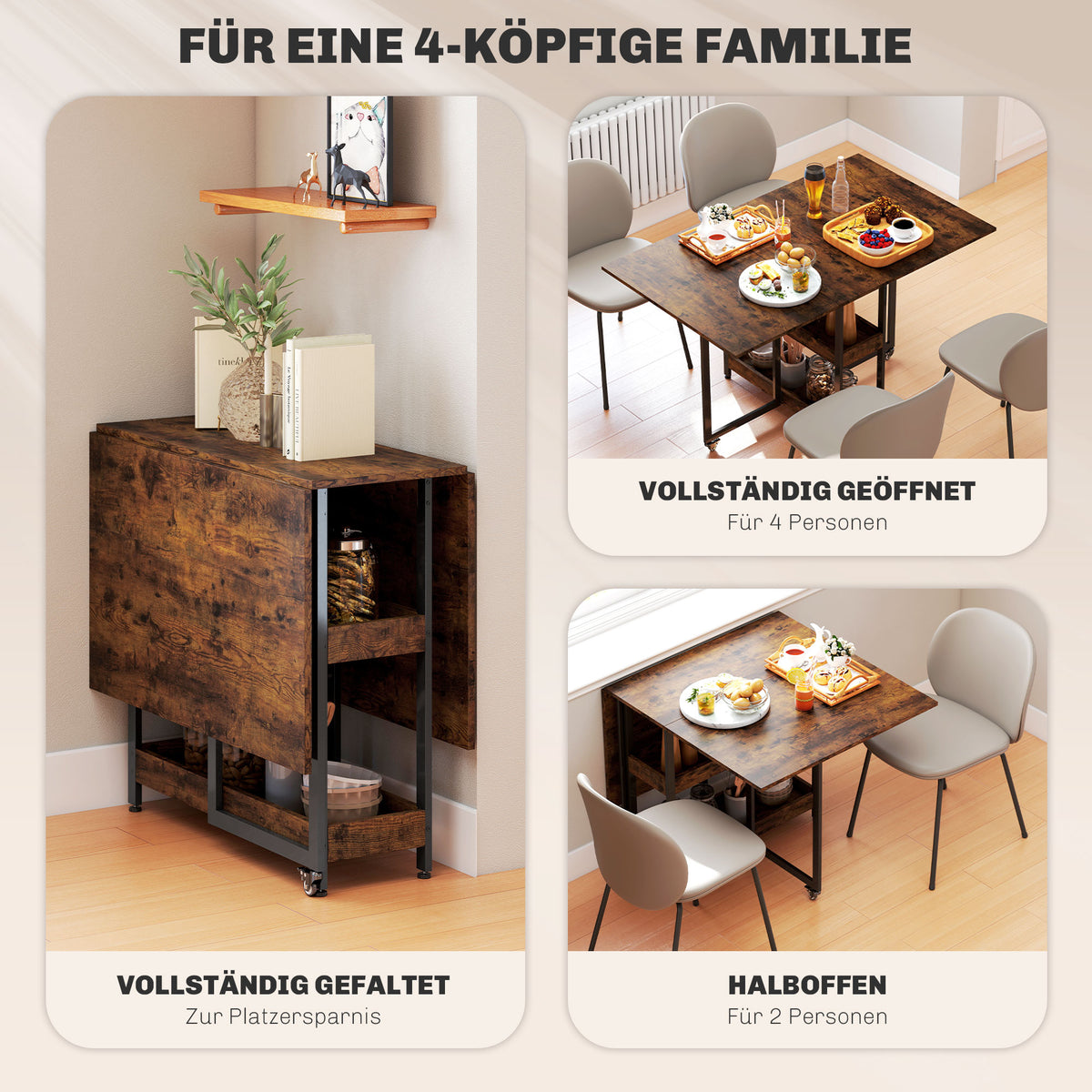Klappbarer Esstisch mit ausziehbaren Tischplatten