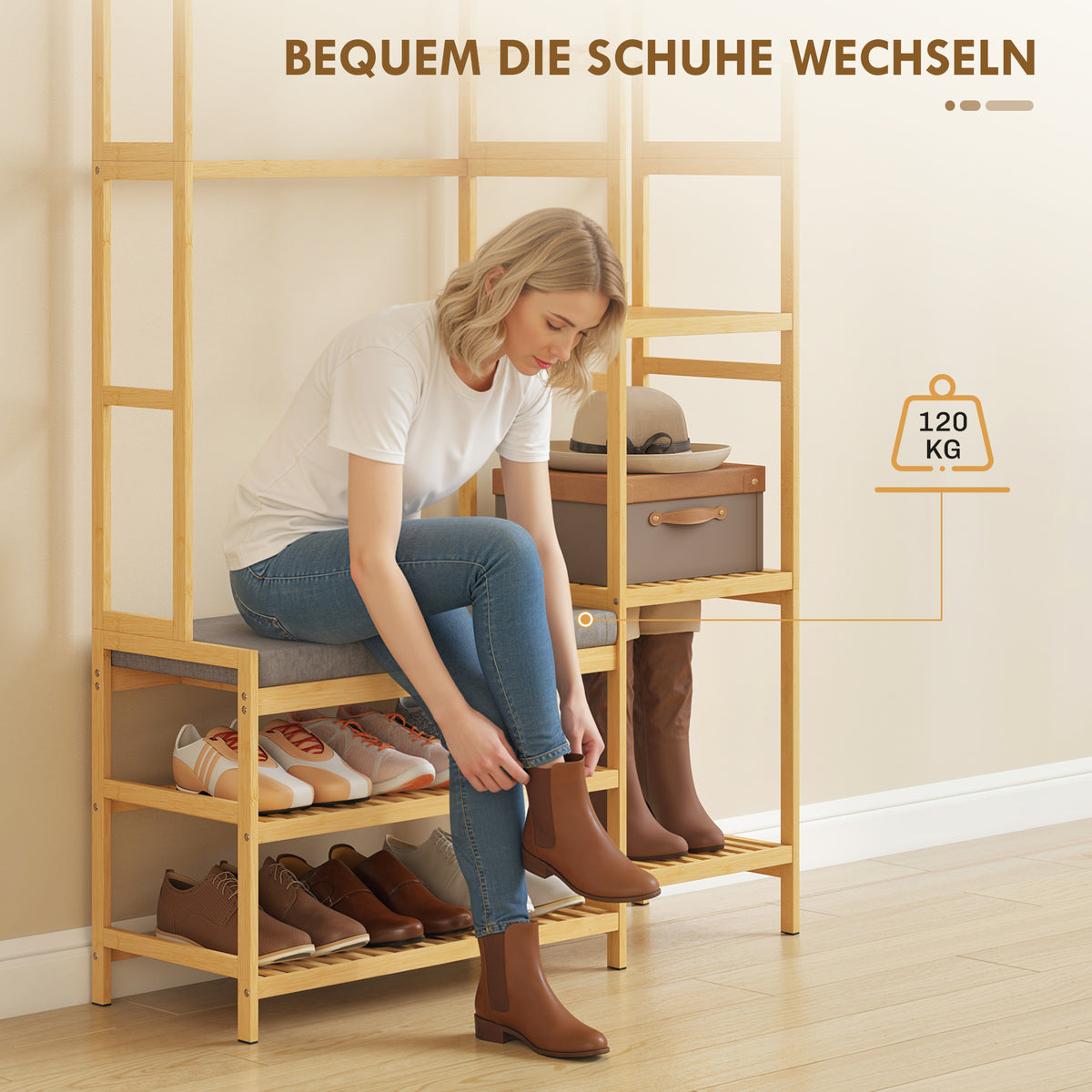 Garderobenständer mit Schuhbank, 10 Haken und Ablagen