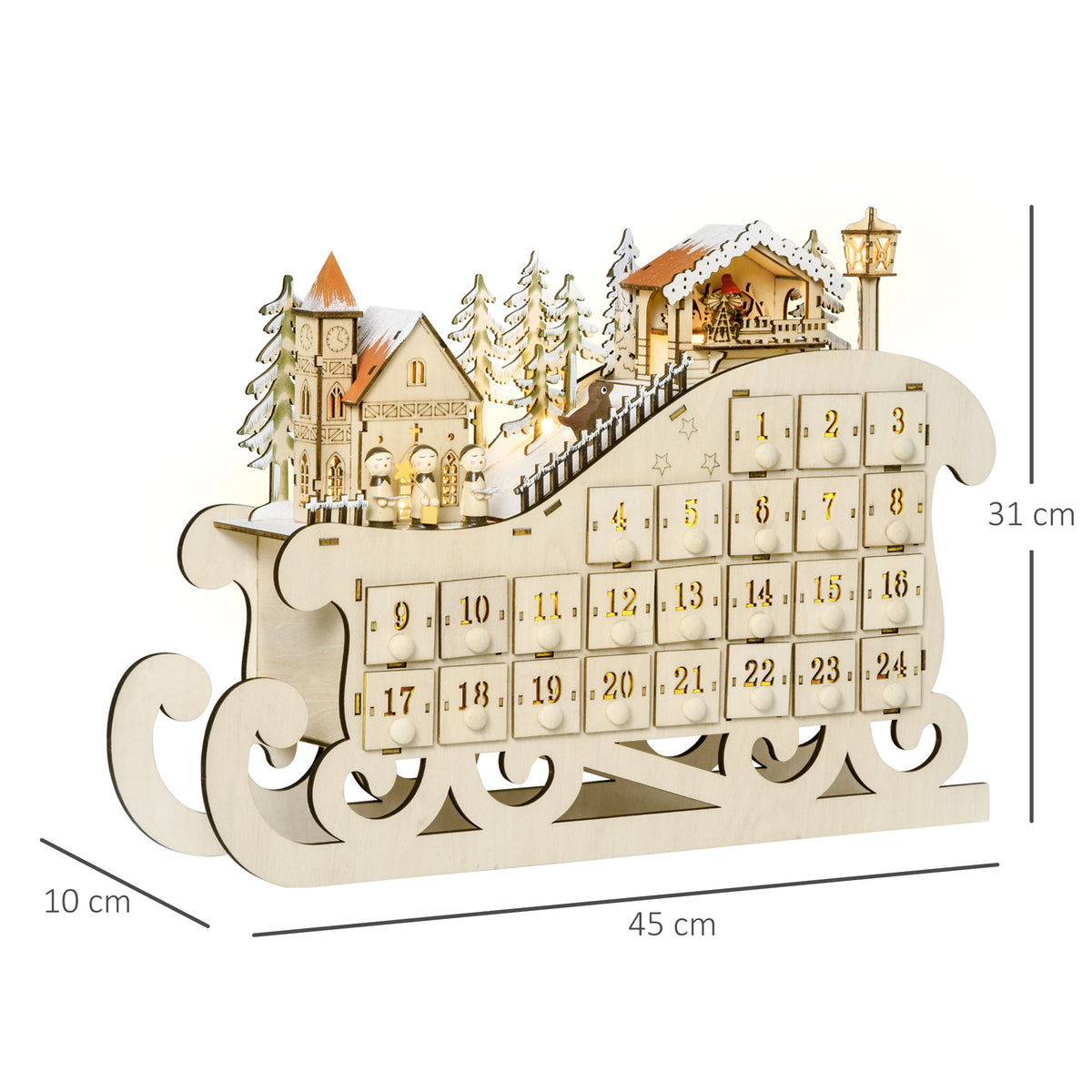 Adventskalender mit 24 Schubladen und LED-Licht