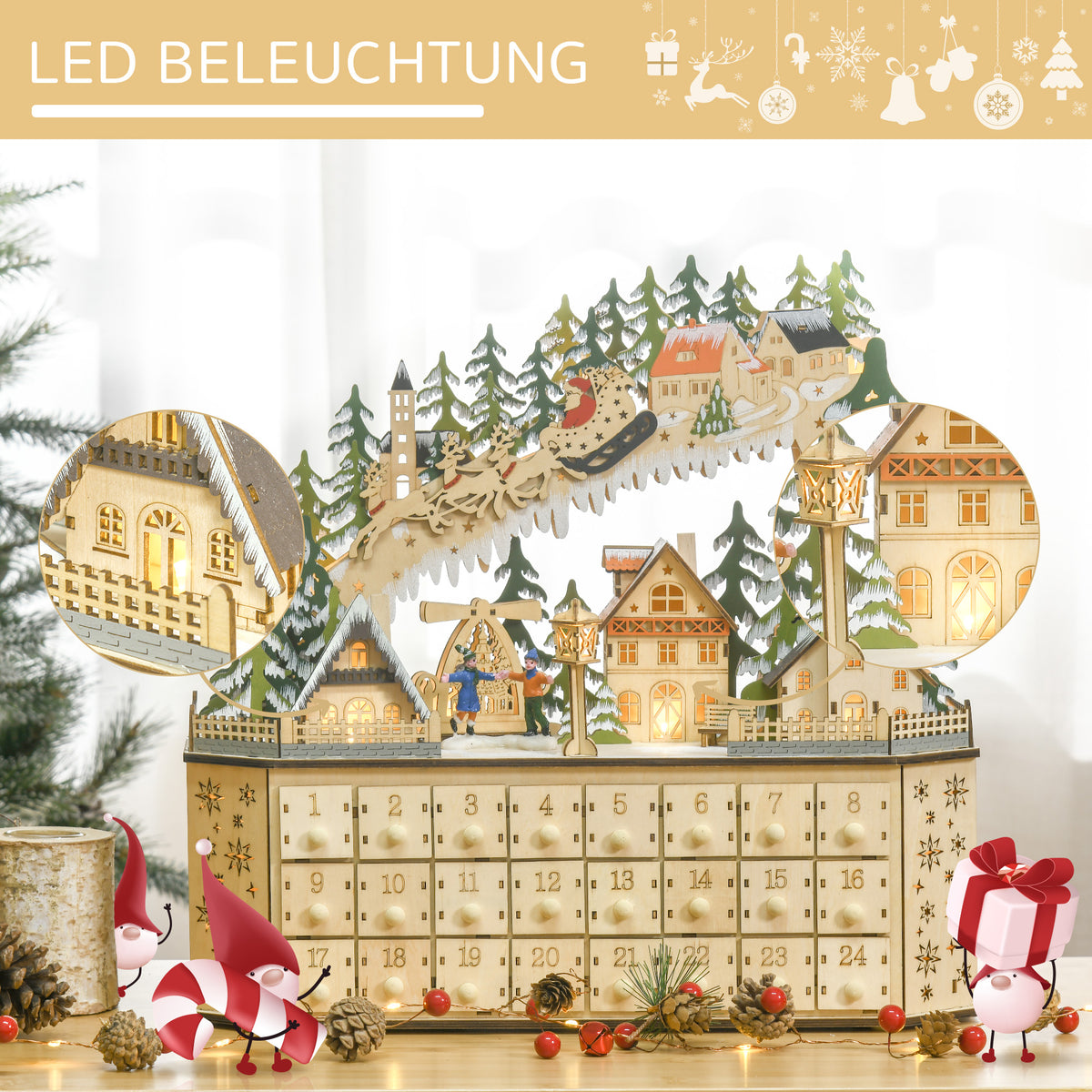 Adventskalender mit 24 Schubladen und LED-Licht