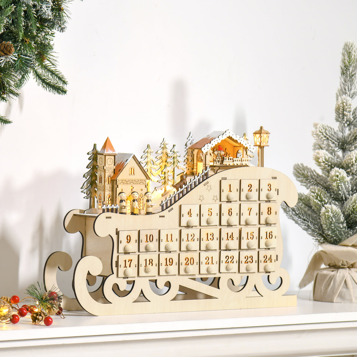 Adventskalender mit 24 Schubladen und LED-Licht