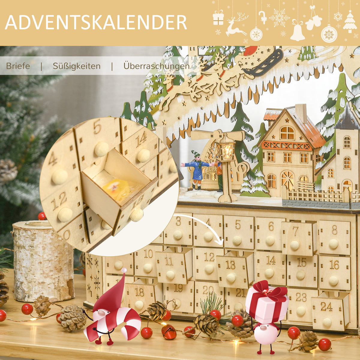 Adventskalender mit 24 Schubladen und LED-Licht