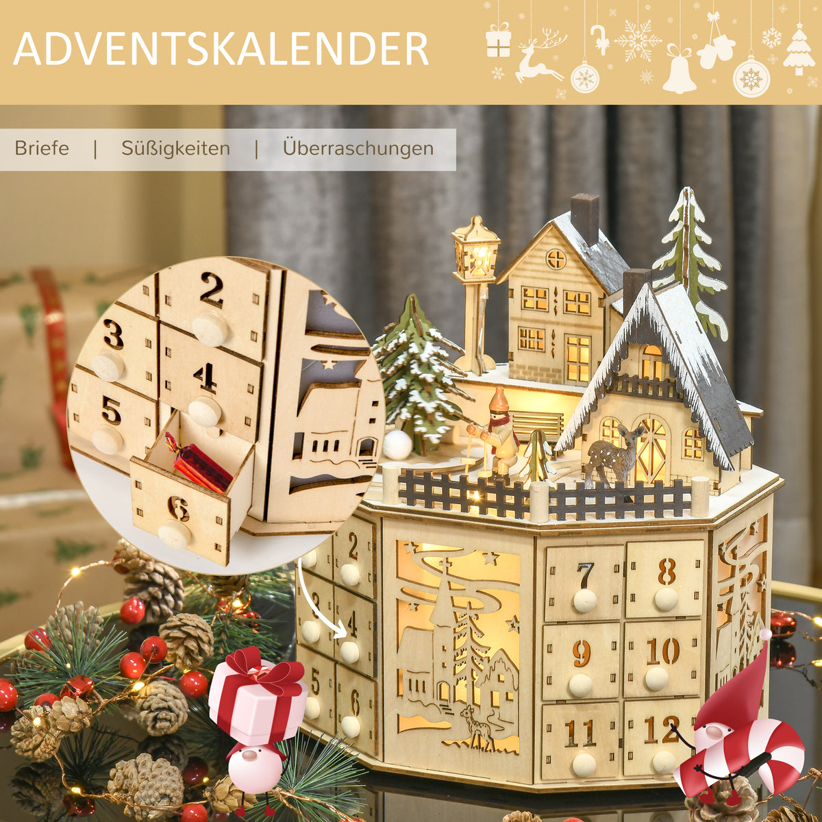 Adventskalender mit 24 Schubladen und LED-Licht
