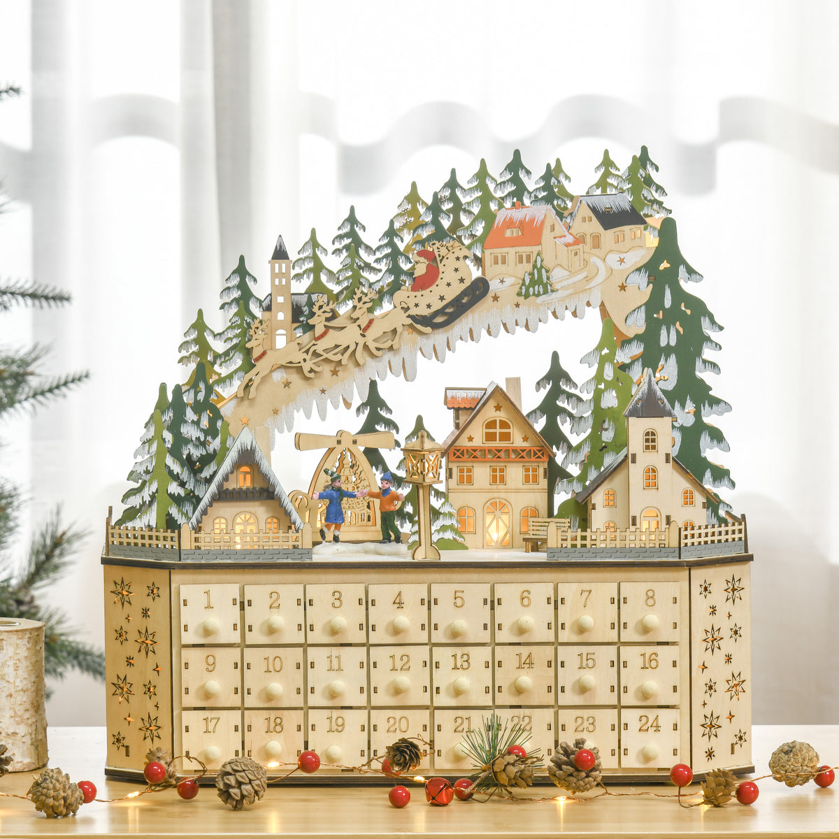 Adventskalender mit 24 Schubladen und LED-Licht