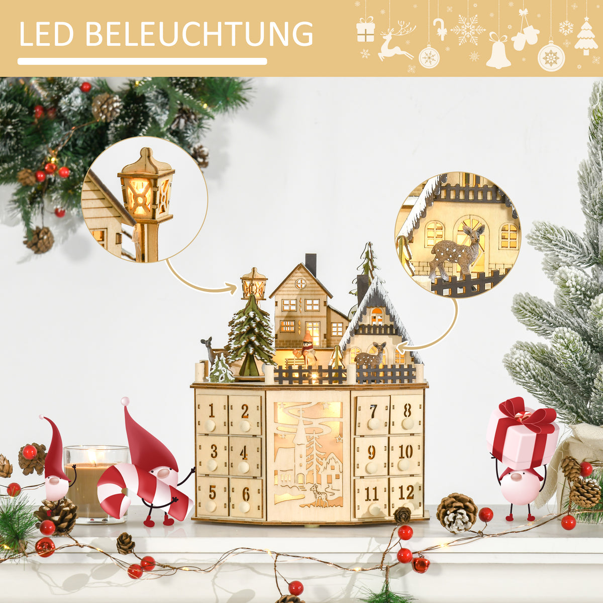 Adventskalender mit 24 Schubladen und LED-Licht