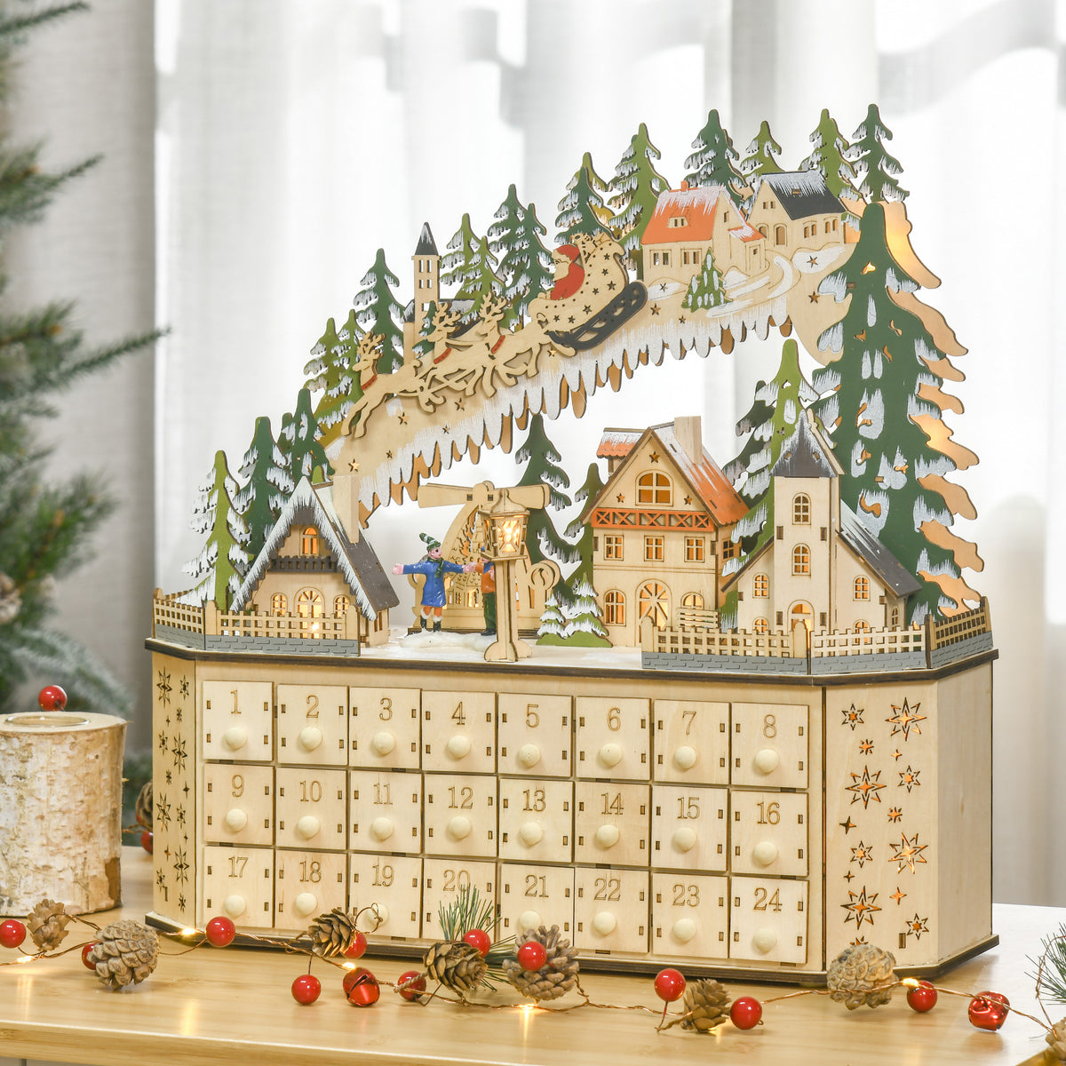 Adventskalender mit 24 Schubladen und LED-Licht