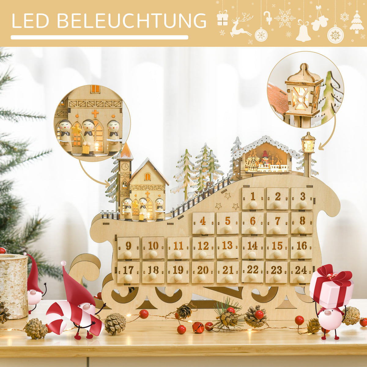 Adventskalender mit 24 Schubladen und LED-Licht