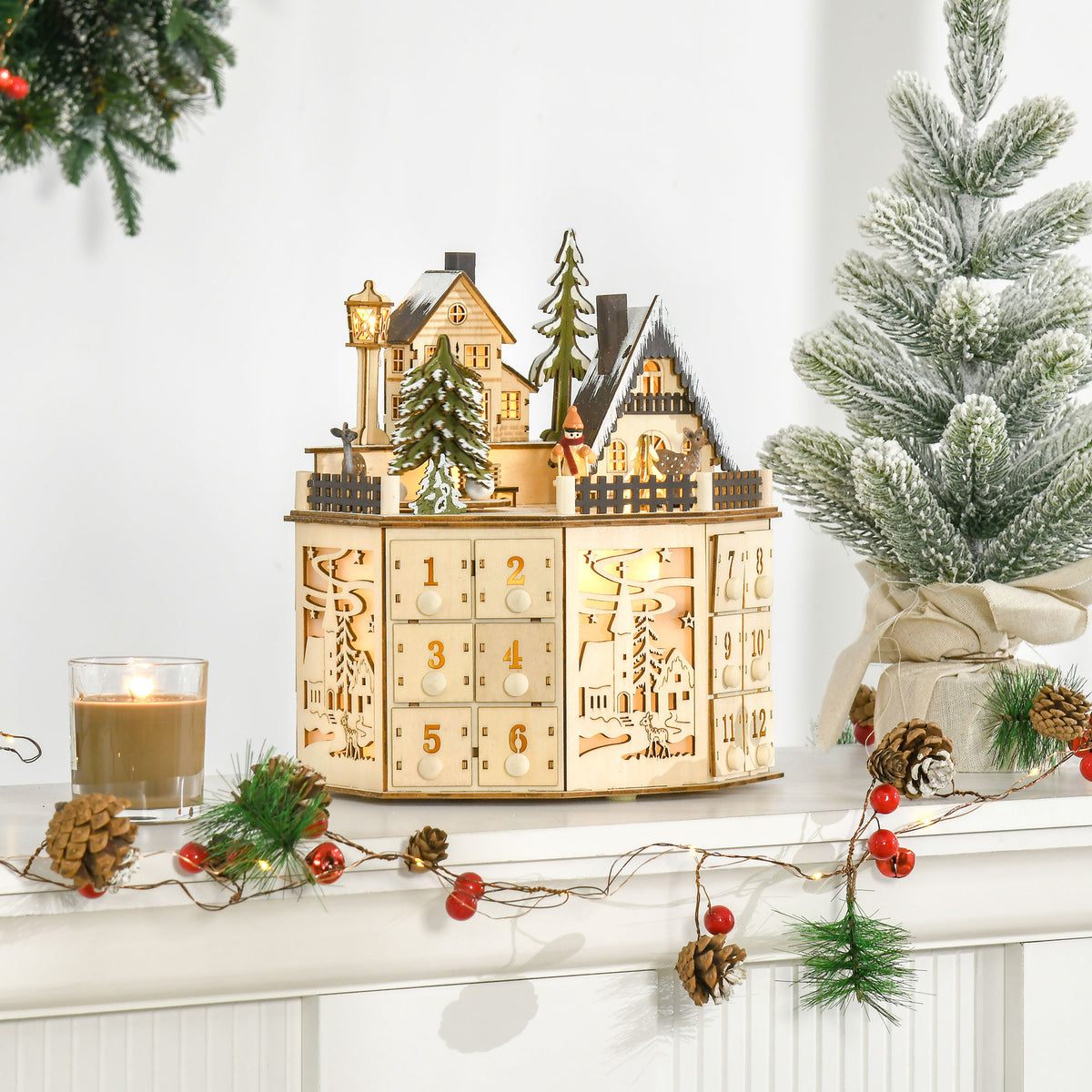 Adventskalender mit 24 Schubladen und LED-Licht