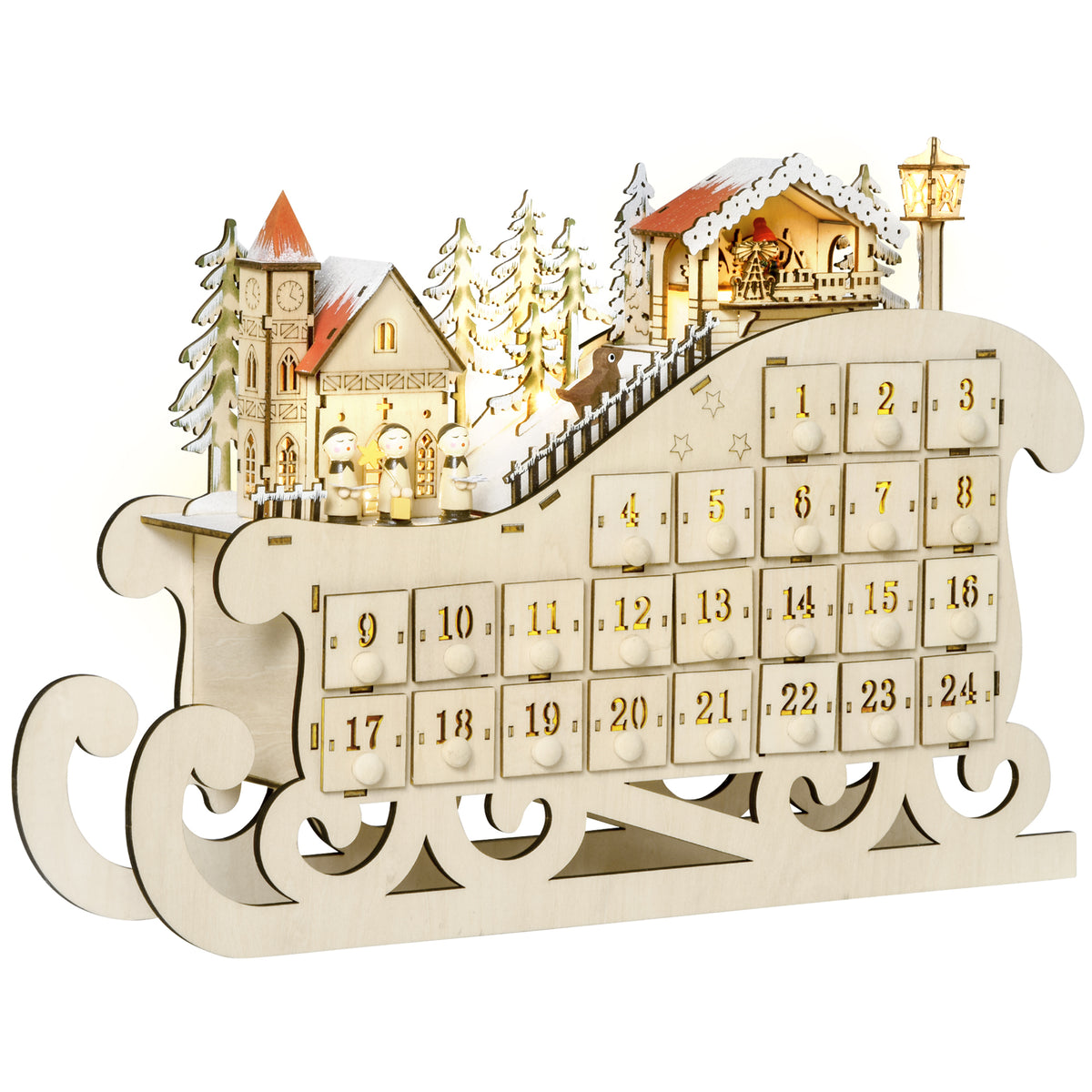 Adventskalender mit 24 Schubladen und LED-Licht