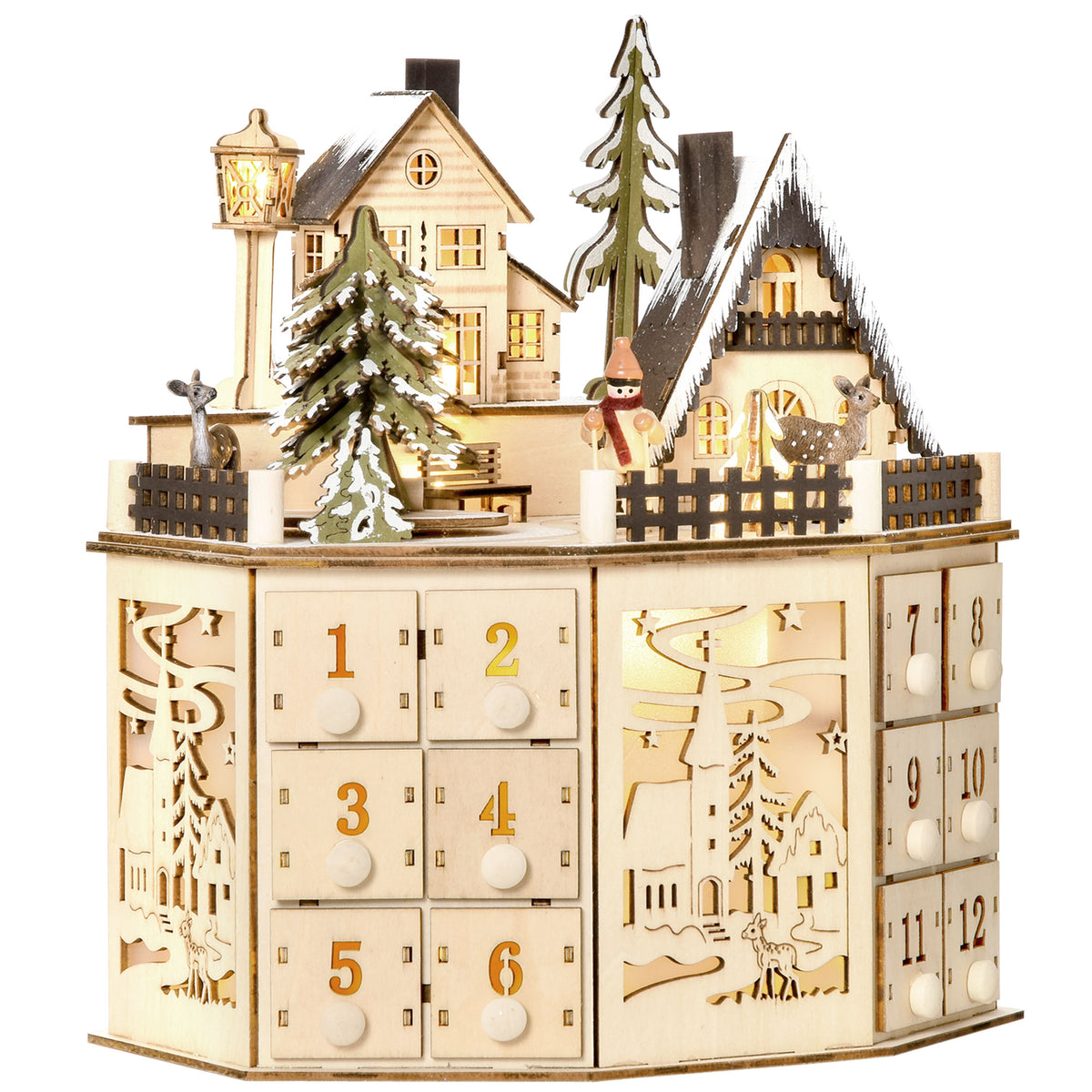Adventskalender mit 24 Schubladen und LED-Licht