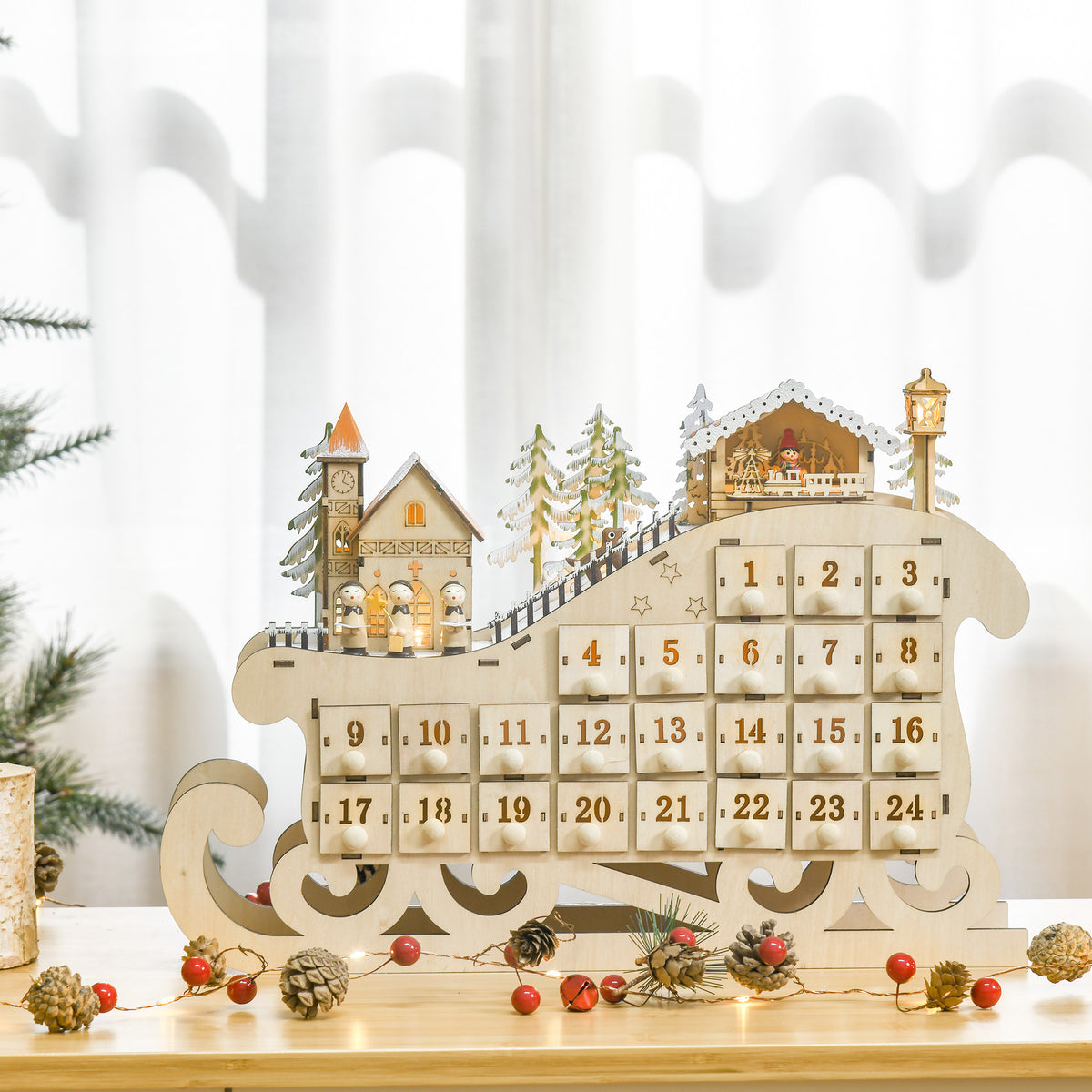 Adventskalender mit 24 Schubladen und LED-Licht