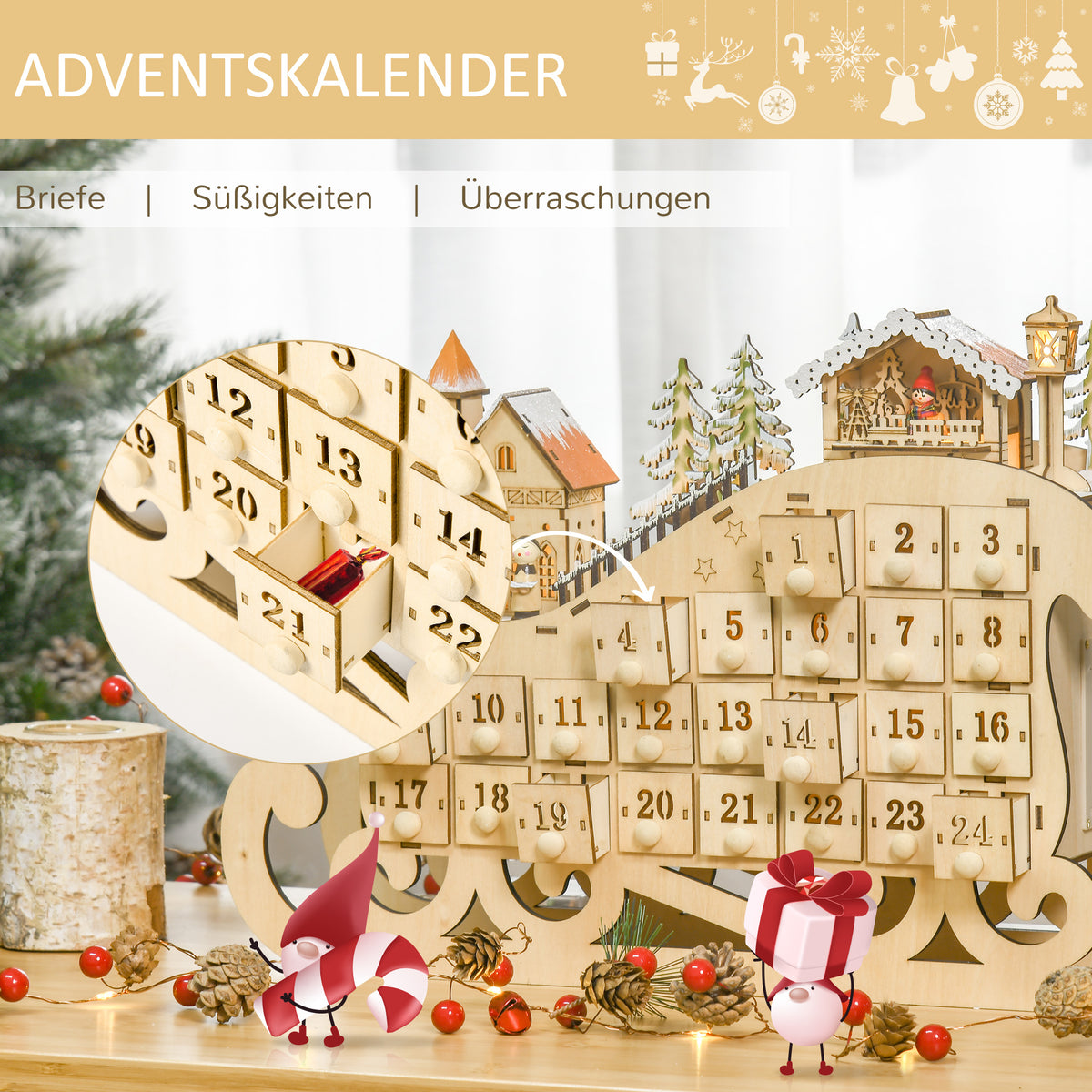 Adventskalender mit 24 Schubladen und LED-Licht