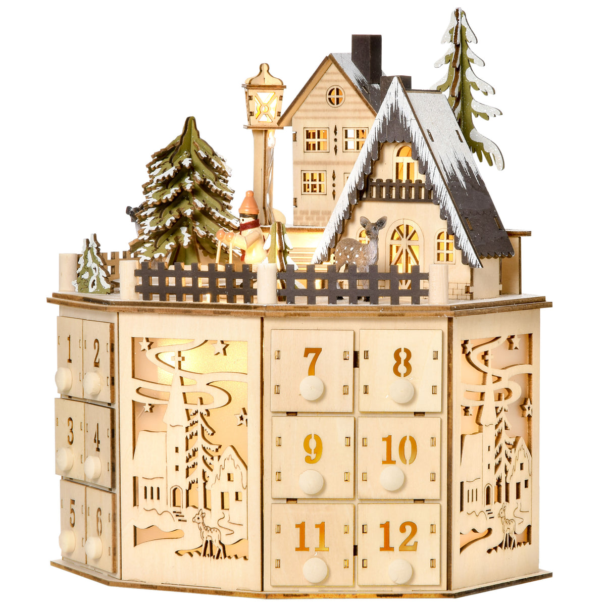 Adventskalender mit 24 Schubladen und LED-Licht