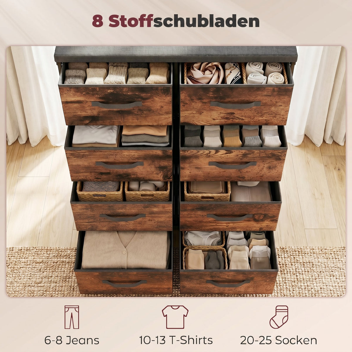 Kommode mit 8 Stoffschubladen und Metallgestell