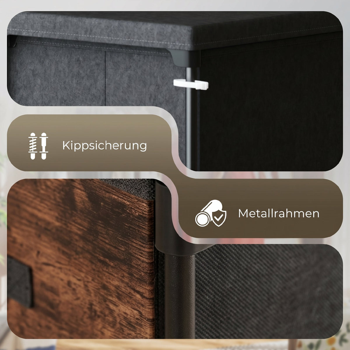 Kommode mit 8 Stoffschubladen und Metallgestell