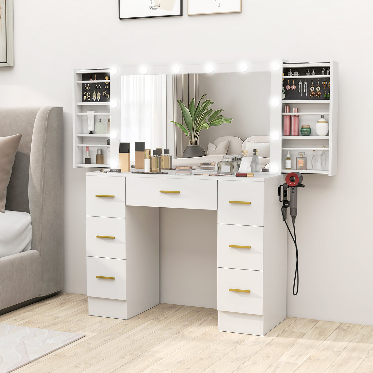 Schminktisch mit Spiegel, LED-Beleuchtung und 7 Schubladen