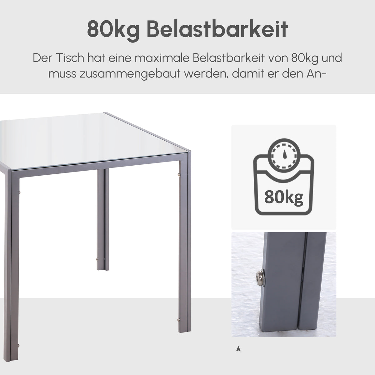 Quadratischer Esstisch mit Hartglasplatte
