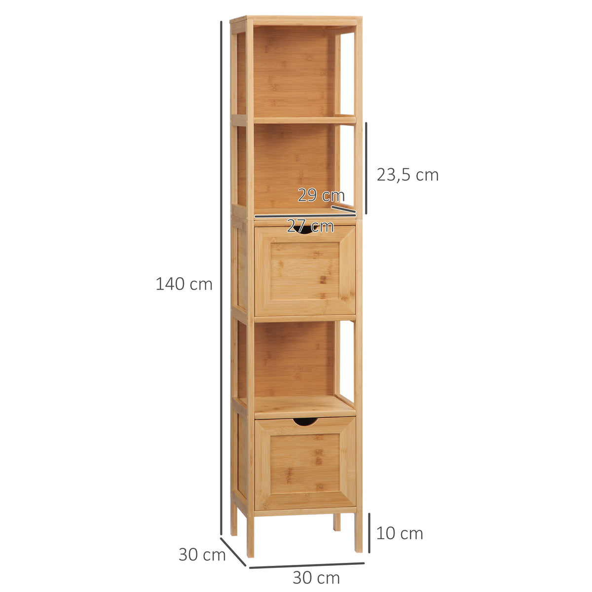 Badezimmerschrank aus Bambus mit 3 Regalen und 2 Schubladen