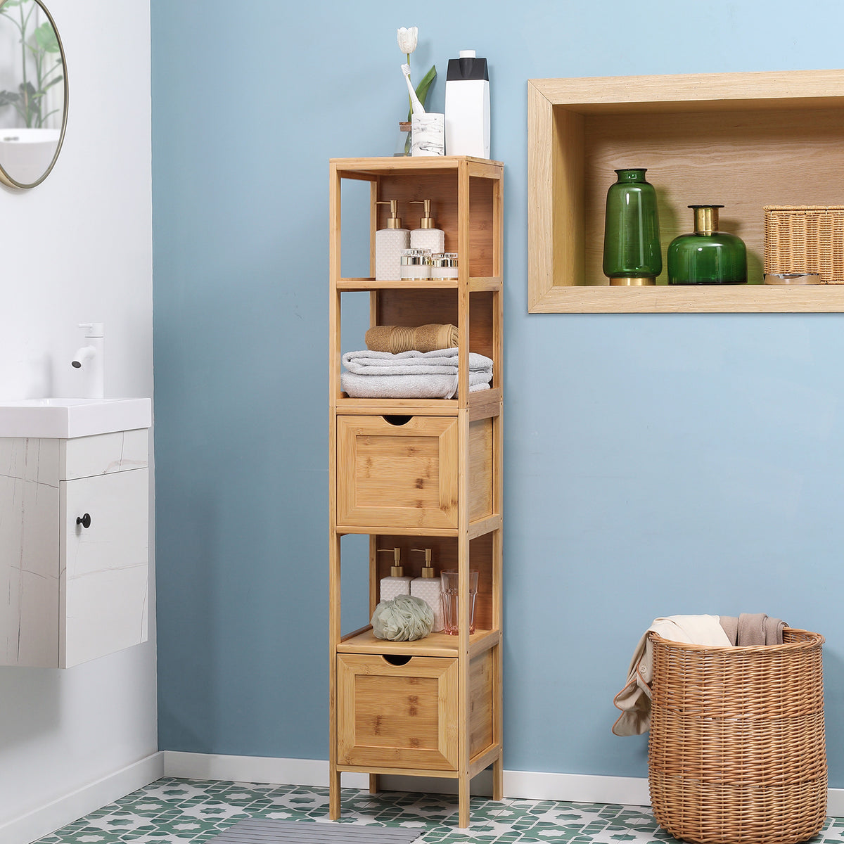 Badezimmerschrank aus Bambus mit 3 Regalen und 2 Schubladen