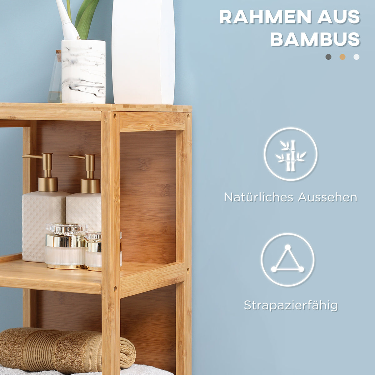 Badezimmerschrank aus Bambus mit 3 Regalen und 2 Schubladen