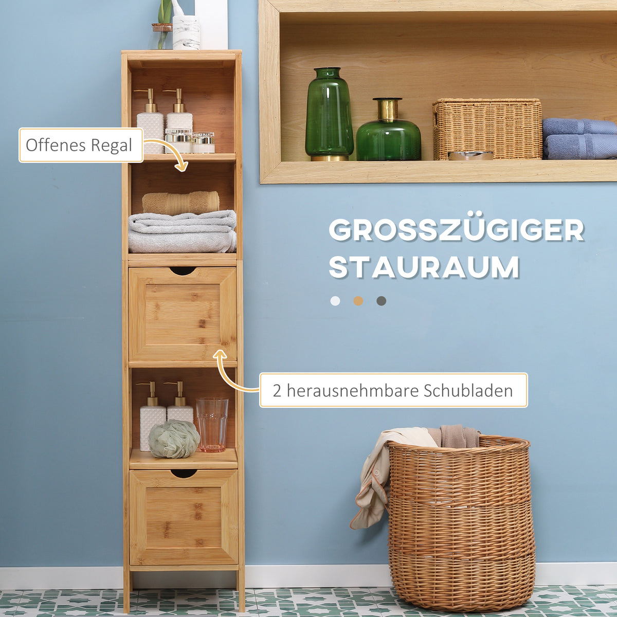 Badezimmerschrank aus Bambus mit 3 Regalen und 2 Schubladen