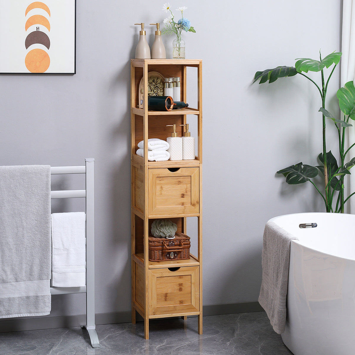 Badezimmerschrank aus Bambus mit 3 Regalen und 2 Schubladen