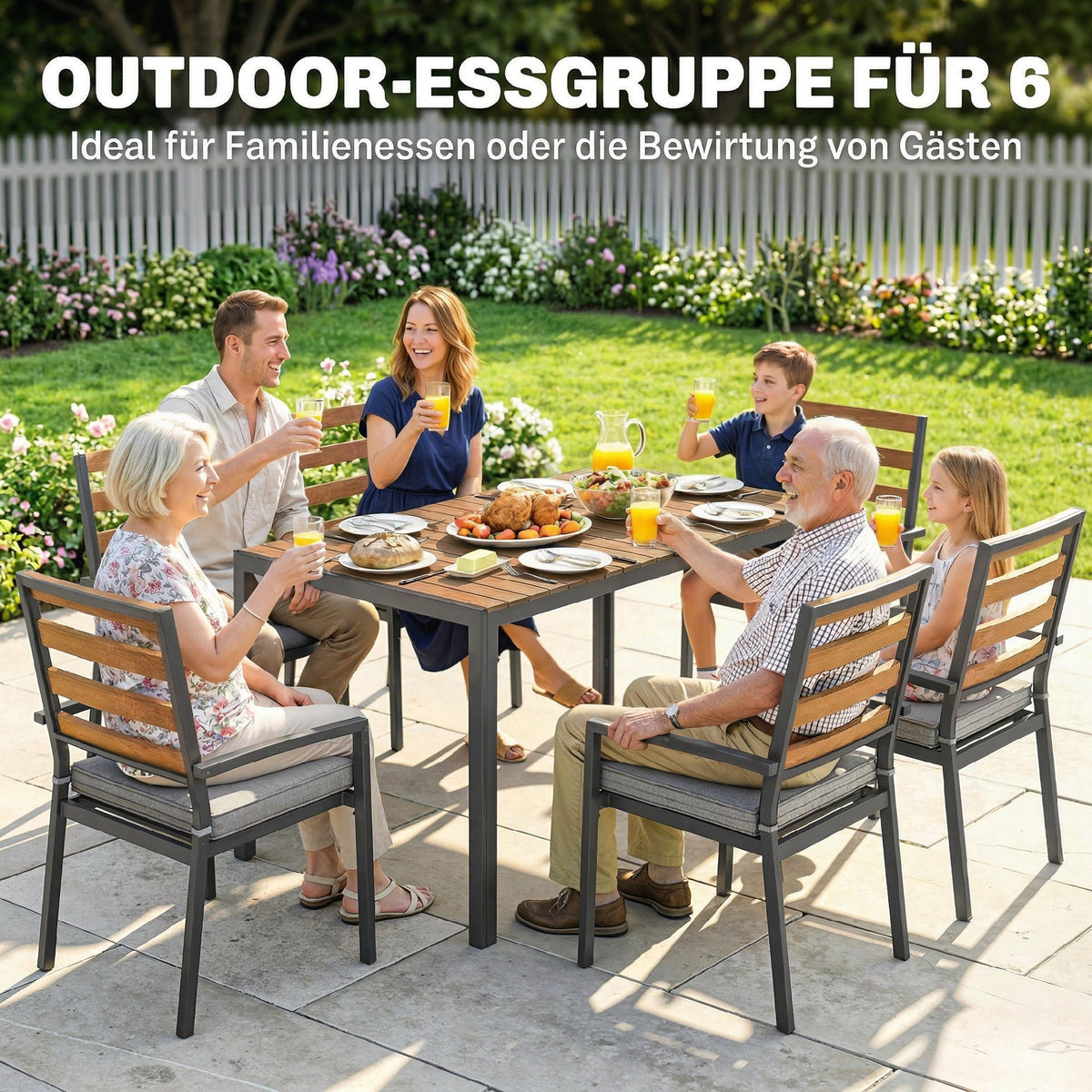 Gartenmöbelset mit Tisch, sechs Stühlen und Kissen
