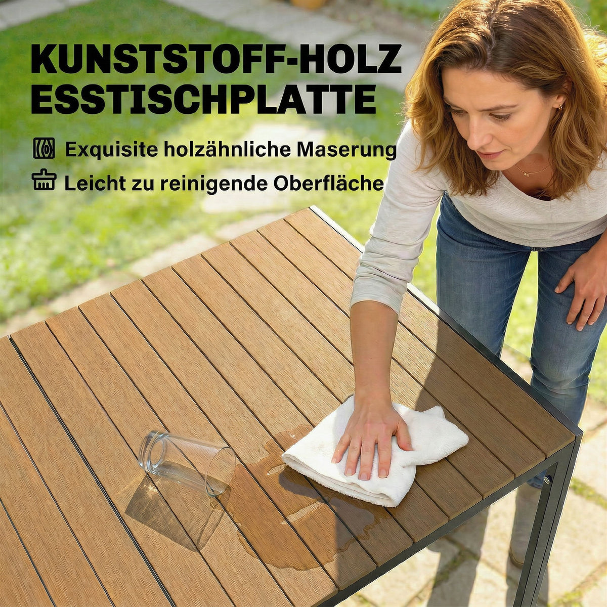 Gartenmöbelset mit Tisch, sechs Stühlen und Kissen