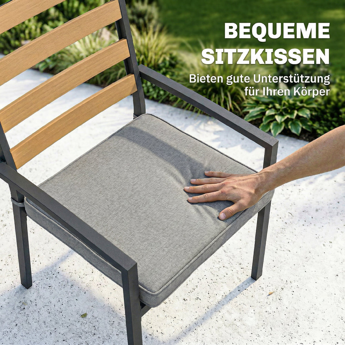 Gartenmöbelset mit Tisch, sechs Stühlen und Kissen