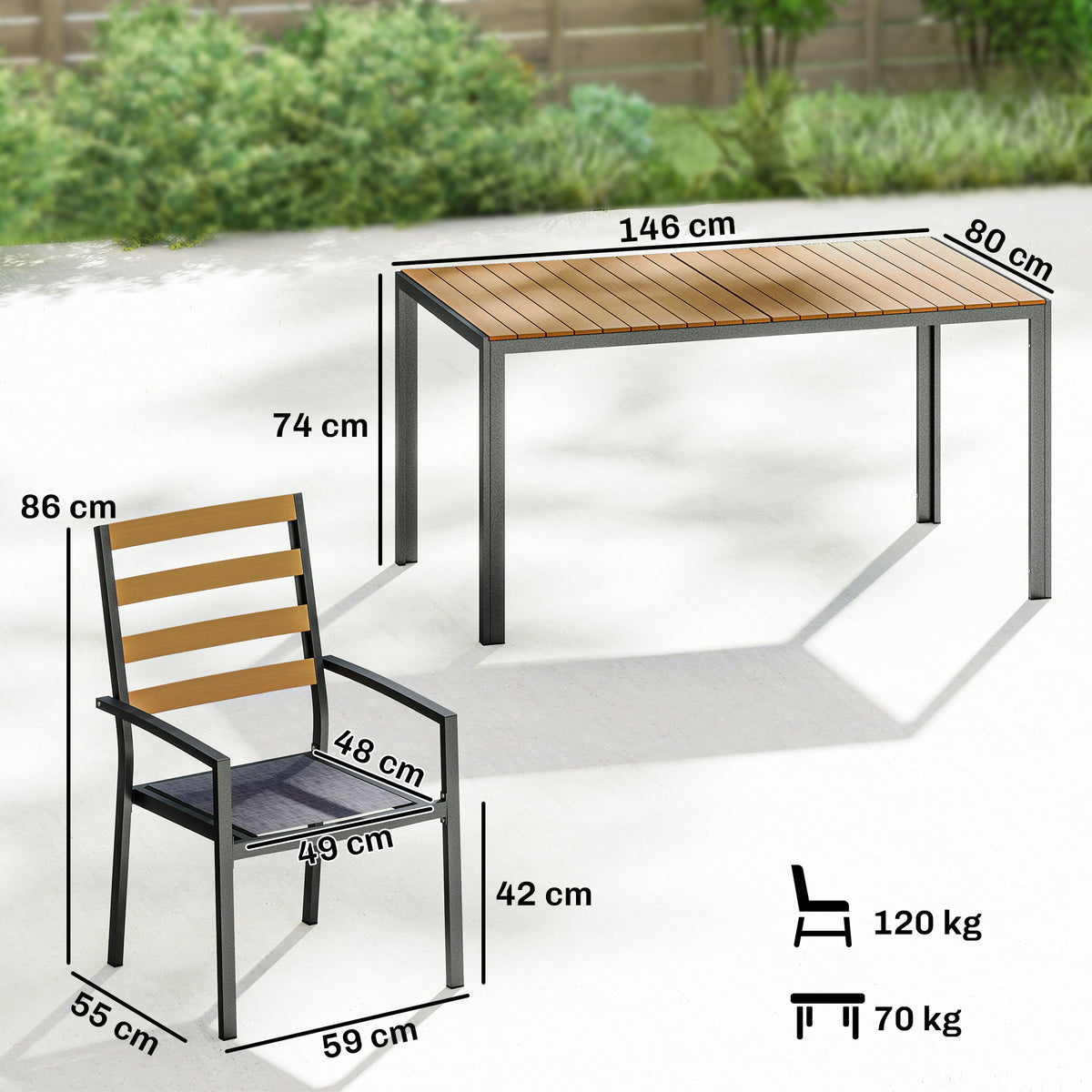 Gartenmöbelset mit Tisch, sechs Stühlen und Kissen