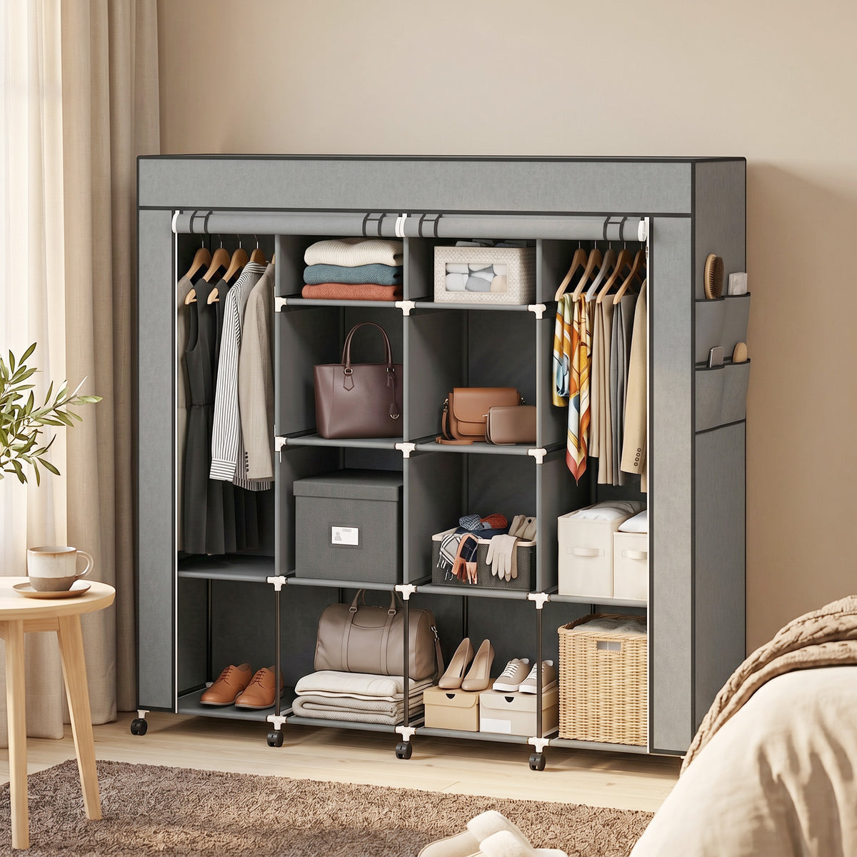 Stoffkleiderschrank mit 2 Kleiderstangen und 10 Fächern