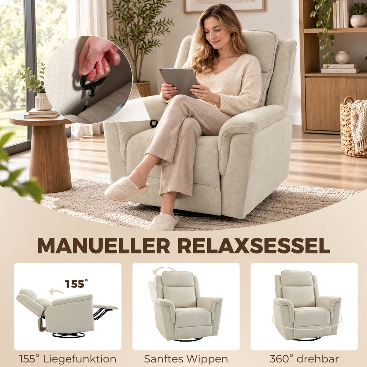 Relaxsessel mit Liege-, Wipp- und Drehfunktion