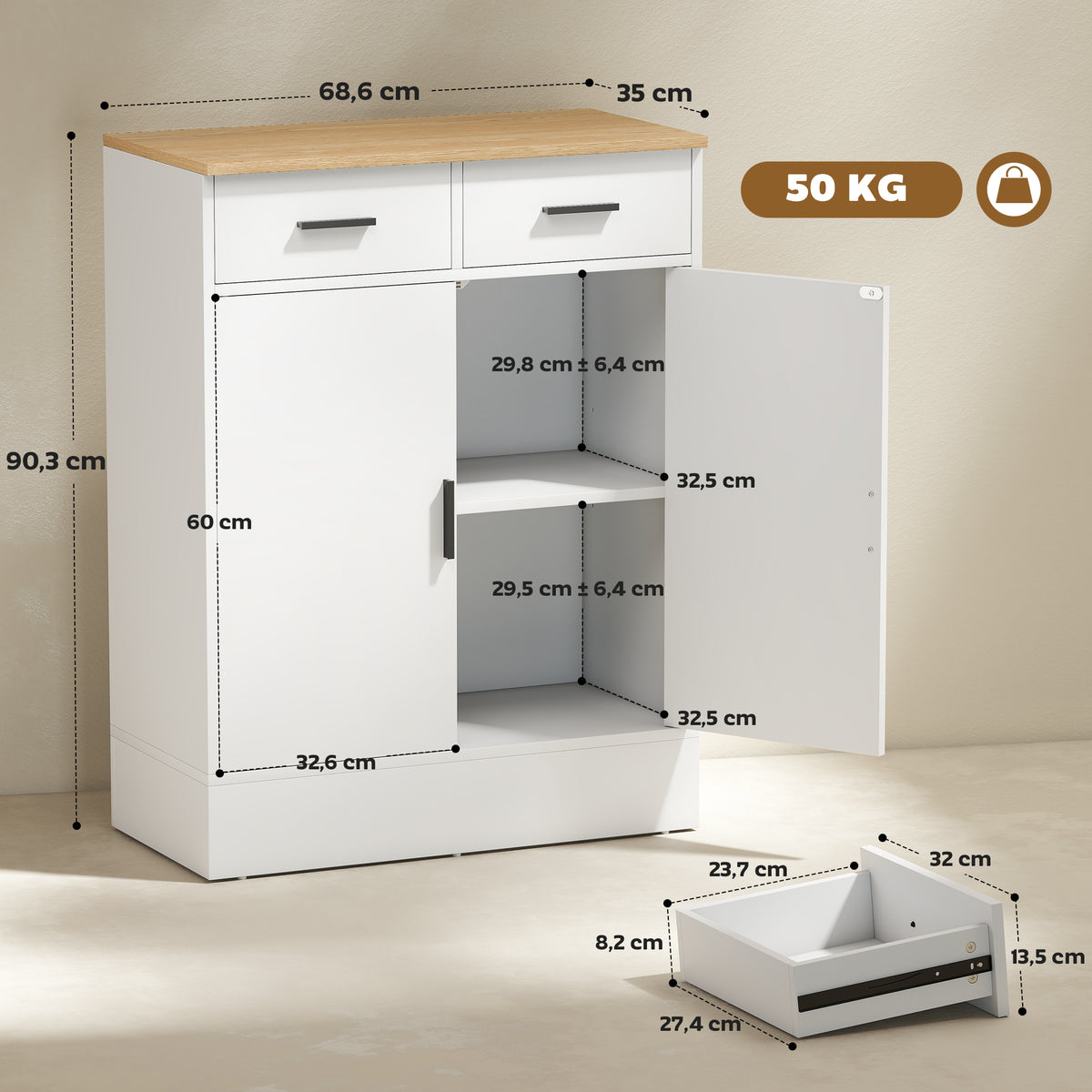Sideboard 68 cm mit zwei Schubladen und verstellbarem Fach