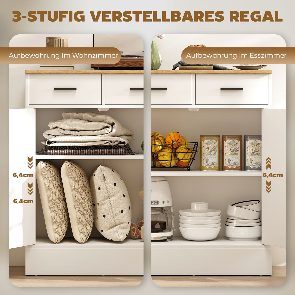Sideboard 68 cm mit zwei Schubladen und verstellbarem Fach