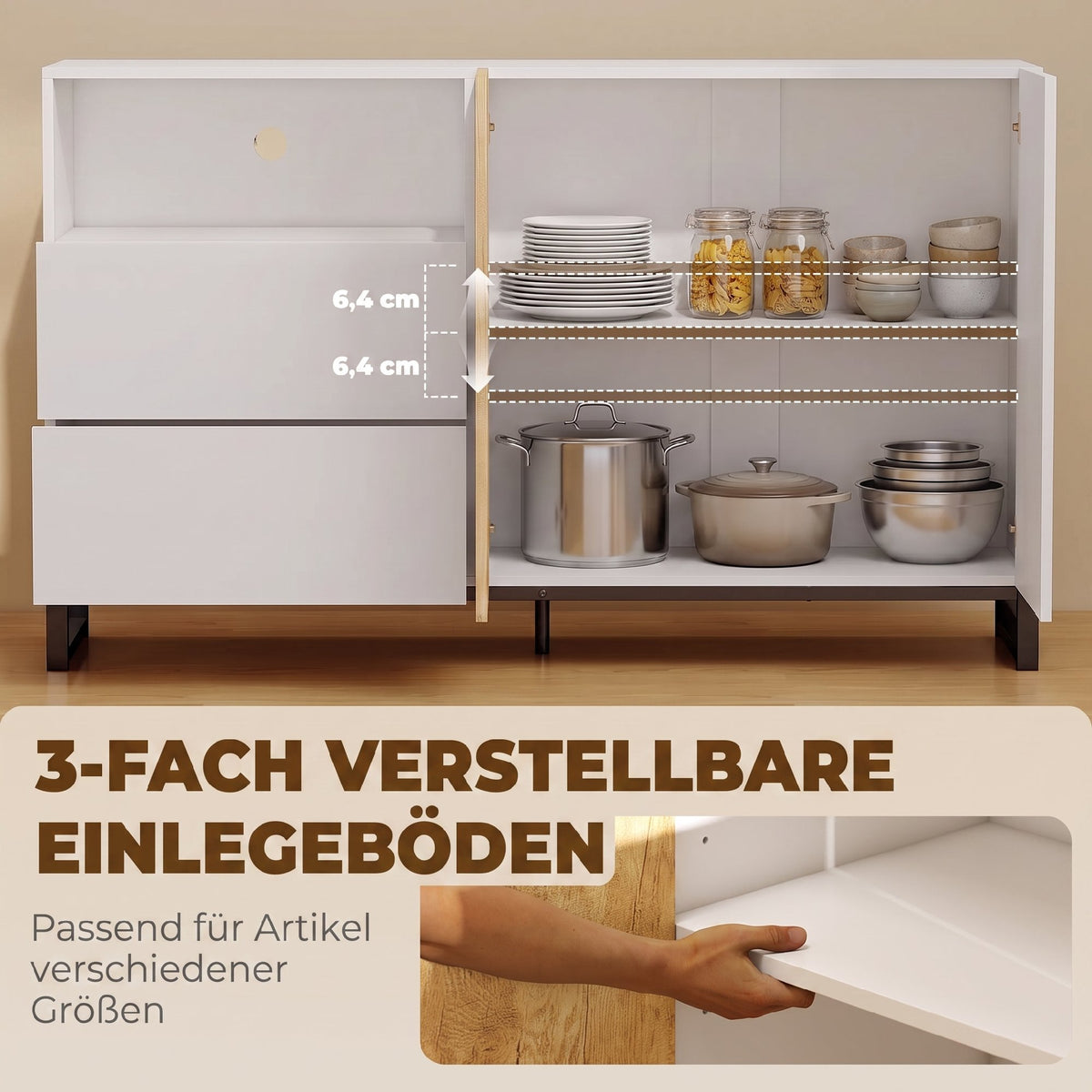 Sideboard 140 cm mit Schubladen und offenem Fach