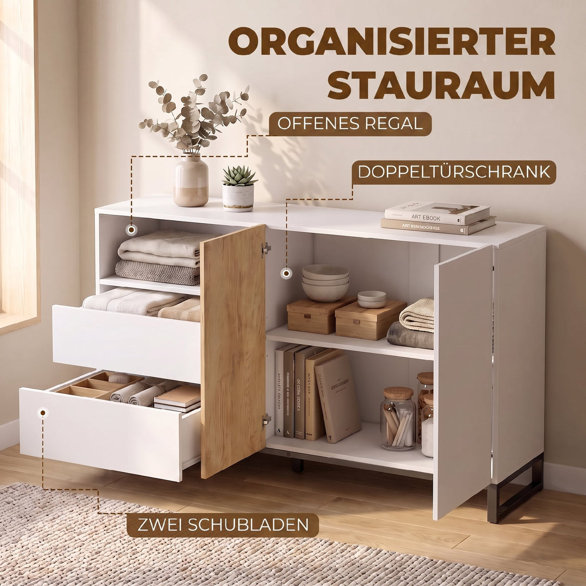 Sideboard 140 cm mit Schubladen und offenem Fach
