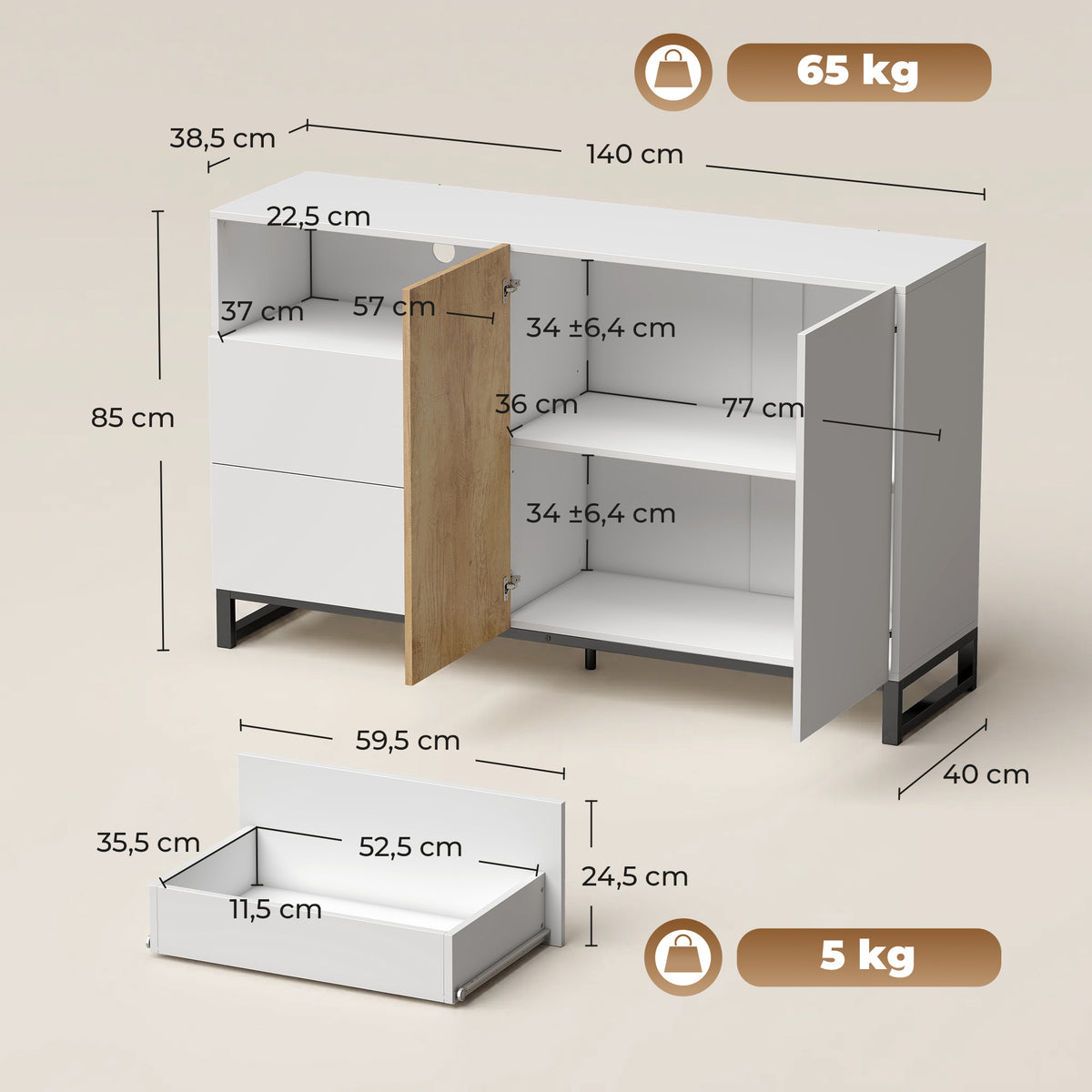 Sideboard 140 cm mit Schubladen und offenem Fach